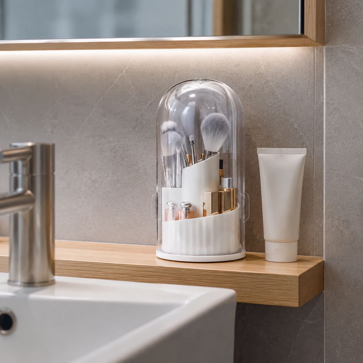 Organized beauty tools in 360-degree makeup organizer