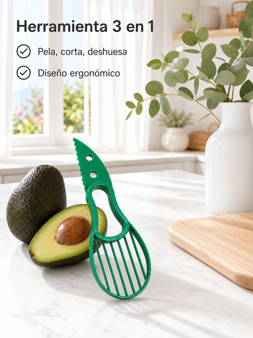Utensilio 3 en 1 para pelar, cortar en rodajas y deshuesar aguacates