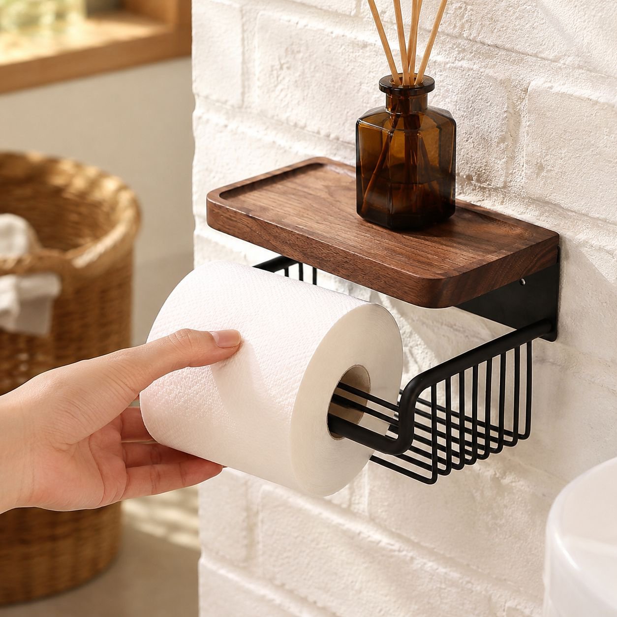 Vintage style walnut toilet paper holder for bathroom
