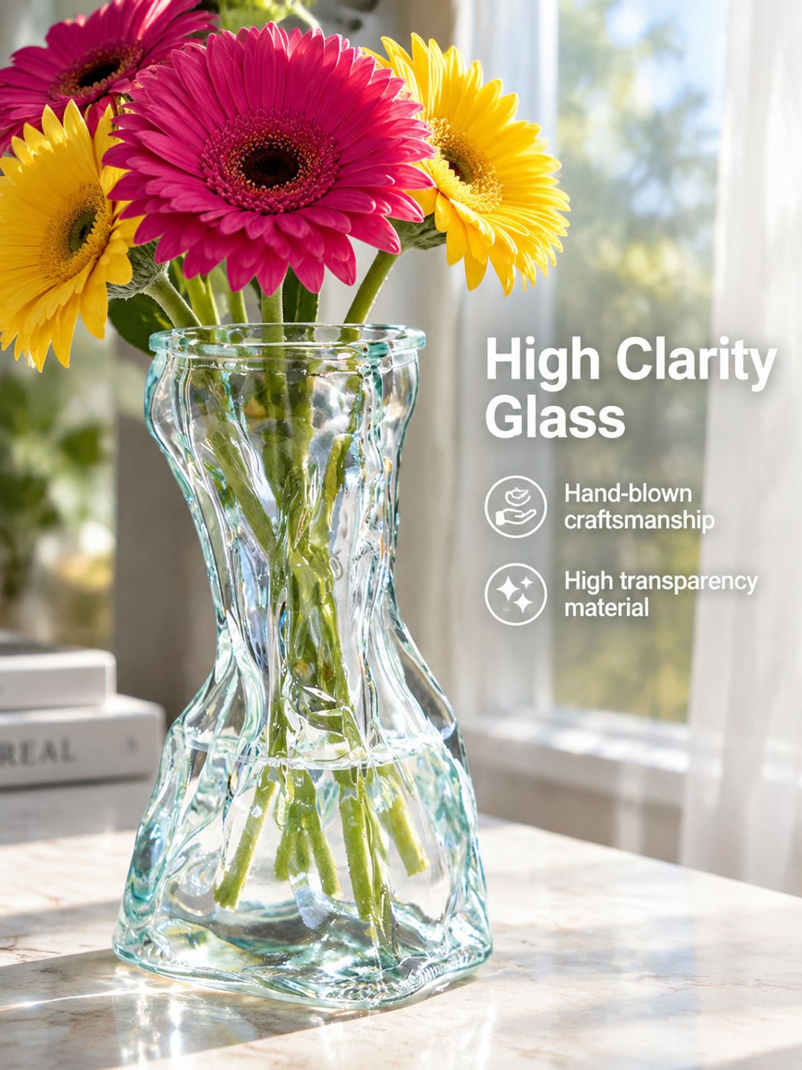 Close-up of the transparent glass coin bag vase