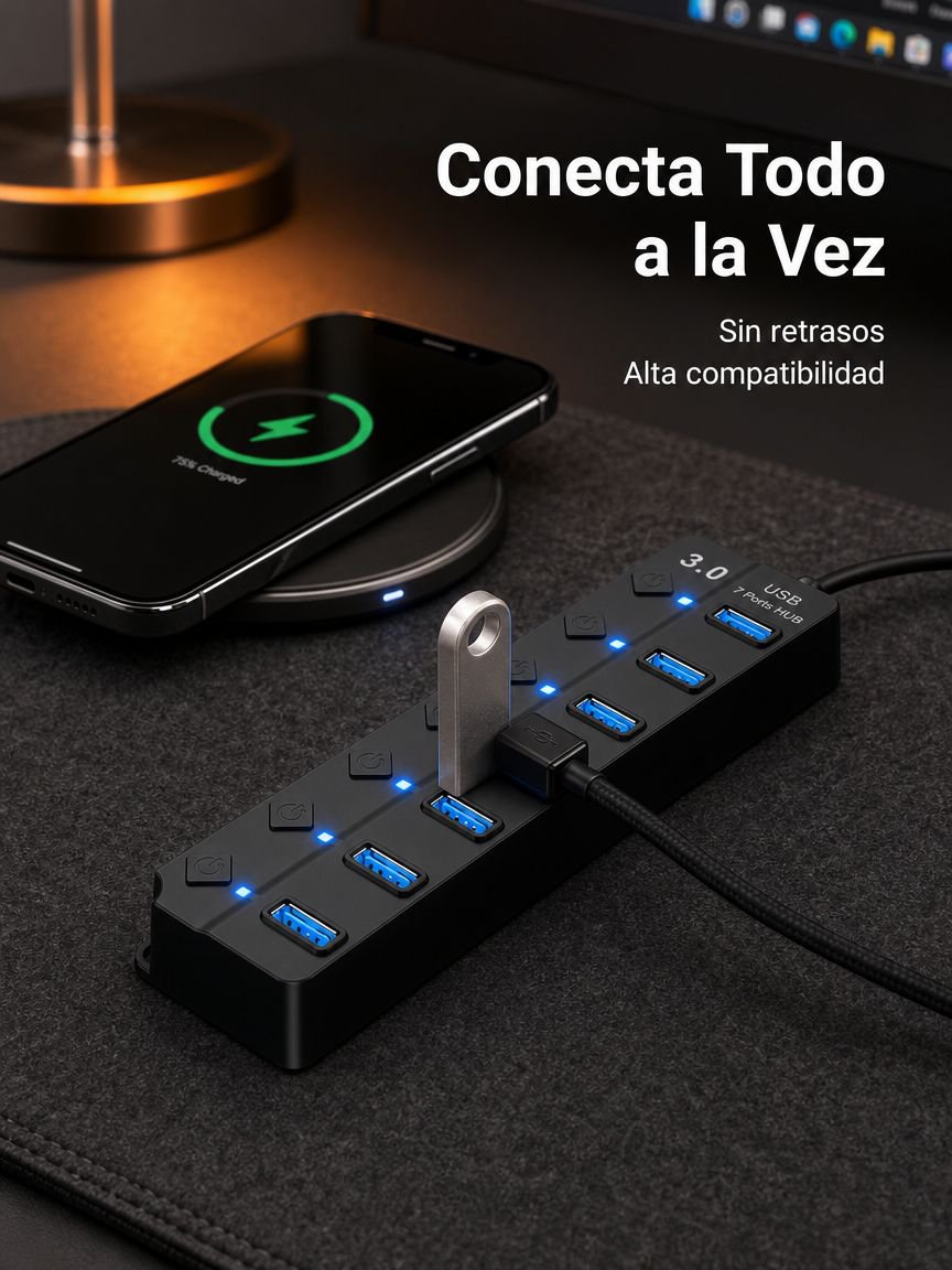 Divisor USB de cuatro puertos con interruptor y extensor para computadora