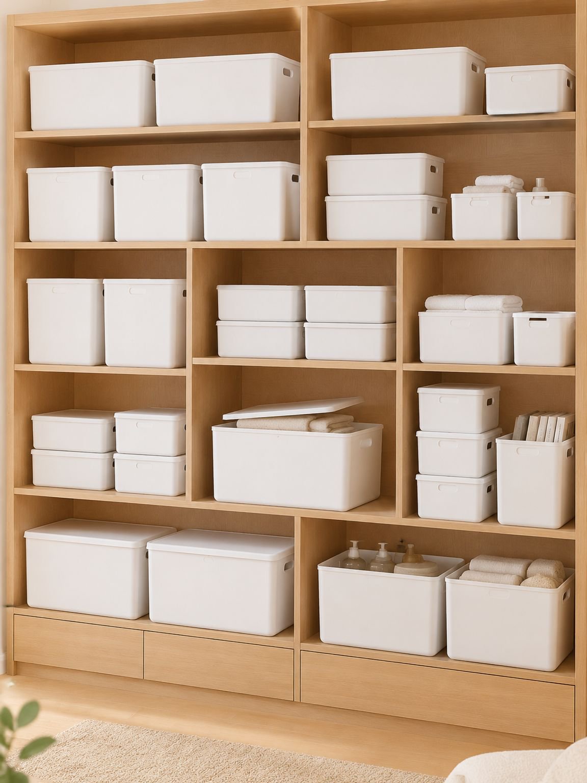 Transparent plastic storage box showing contents inside