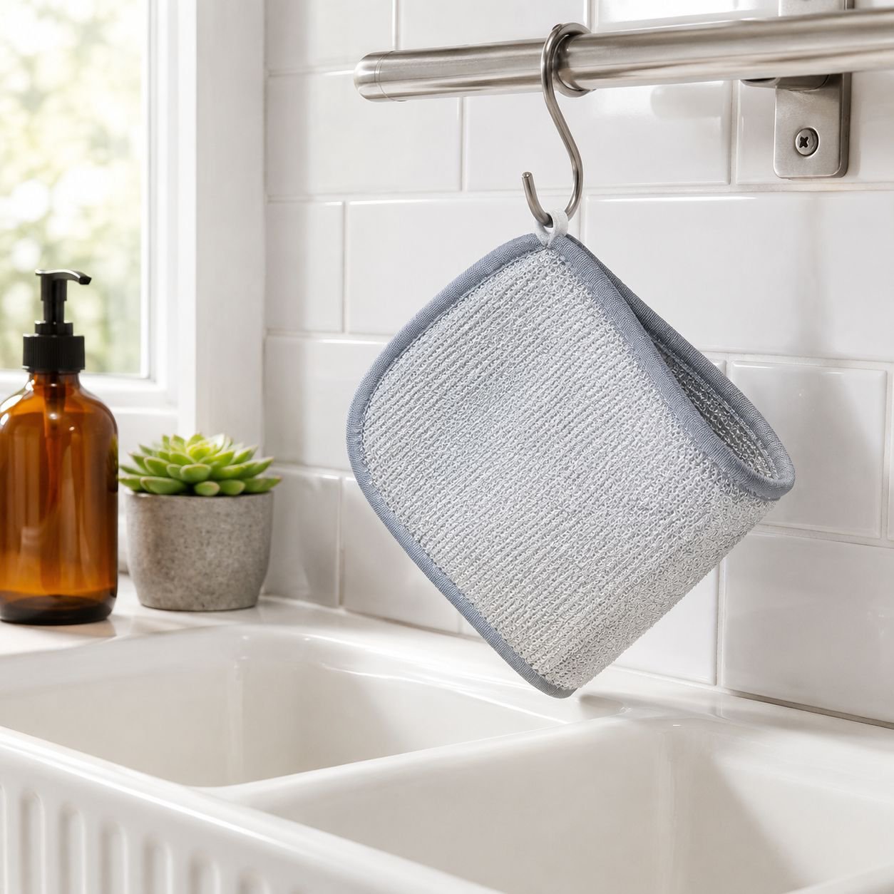 Hands using waterproof kitchen towel on dishes