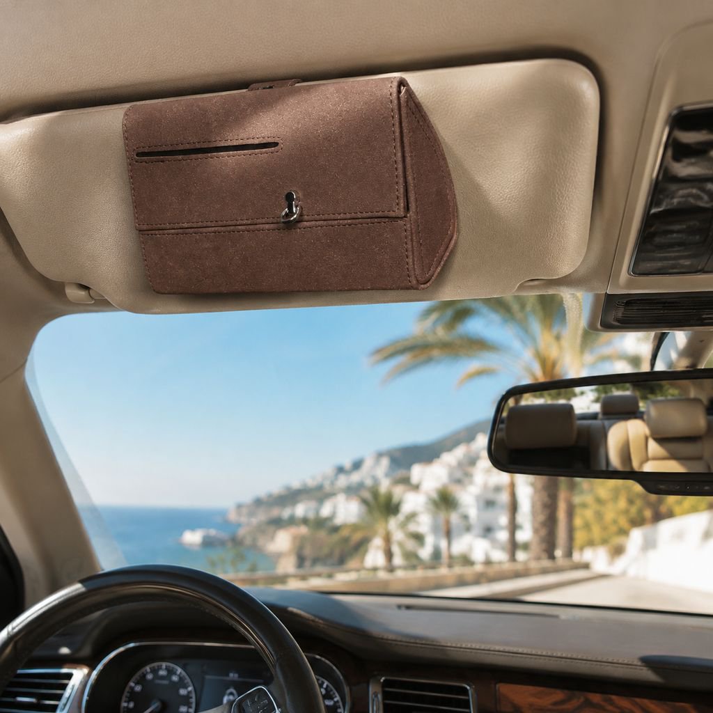 Estuche para gafas con tarjetero para la visera del coche