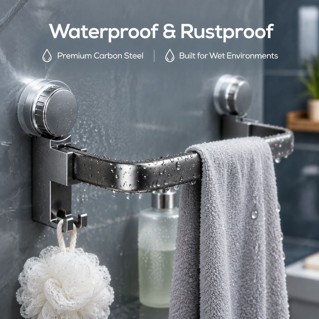 Gun Grey Carbon Steel Suction Cup Towel Bar Wall Mounted Punch-Free Bathroom Towel Rack
