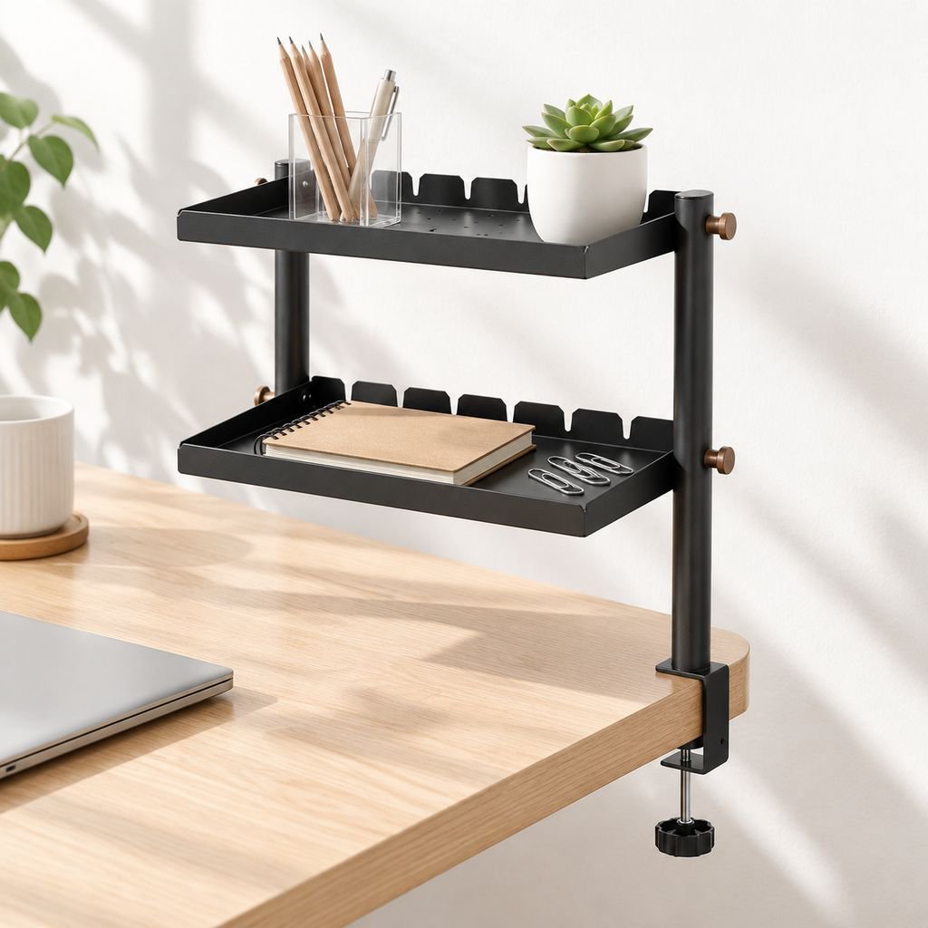 JMY-デスククランプ式2段収納ラック 穴あけ不要 折りたたみトレー付き 卓上収納ラック ブラック