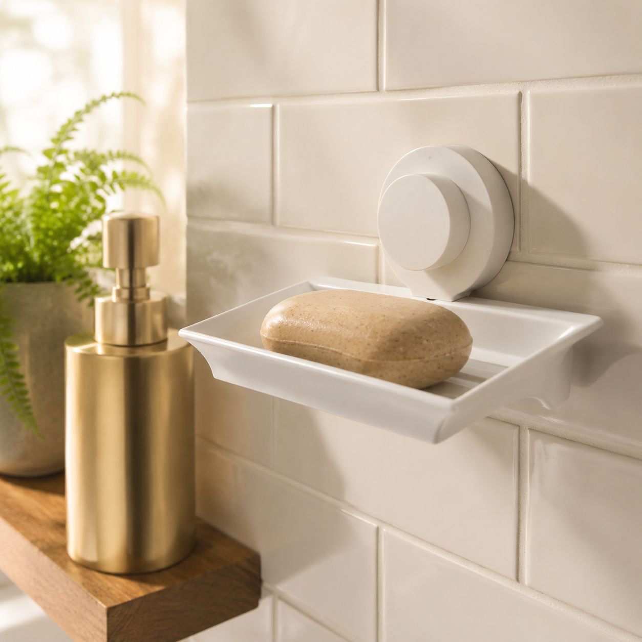 Wall-mounted soap dish with suction cup installed in bathroom