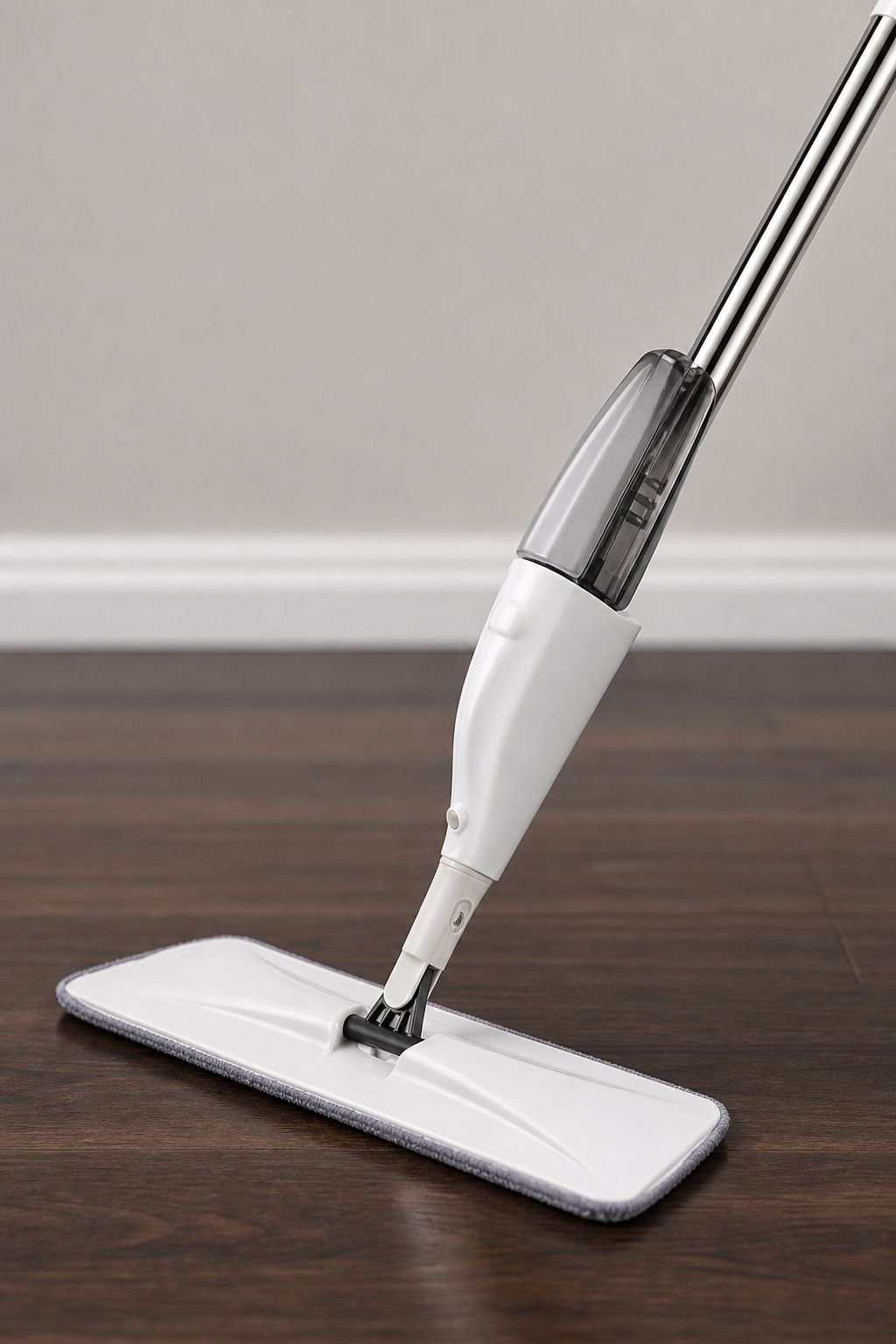 Wet and dry floor mop spraying water on tile surface