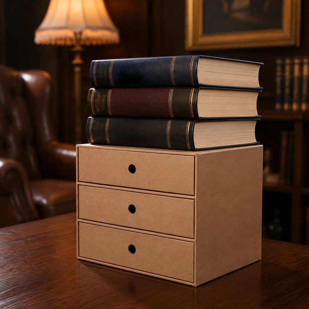 Multi-purpose file storage box with various office supplies
