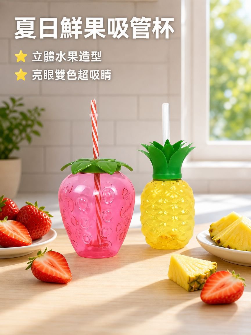 草莓菠萝造型可爱塑料吸管杯