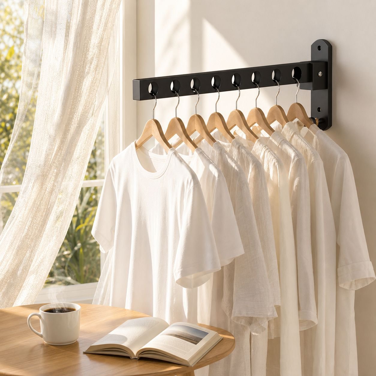 Minimalist design clothes hanger blending with window frame