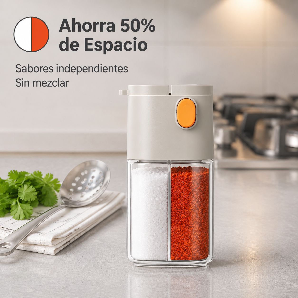 Bote dosificador doble de condimentos para cocina
