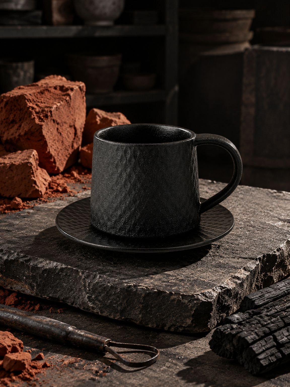 Elegant stoneware coffee cup with matching saucer