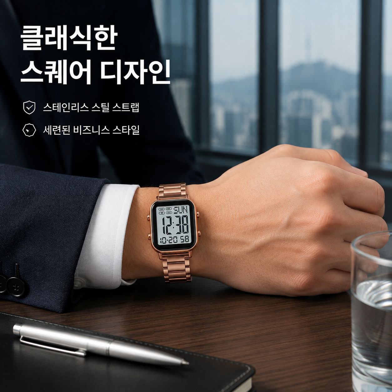 남성용 사각 전자시계 (스틸 밴드)