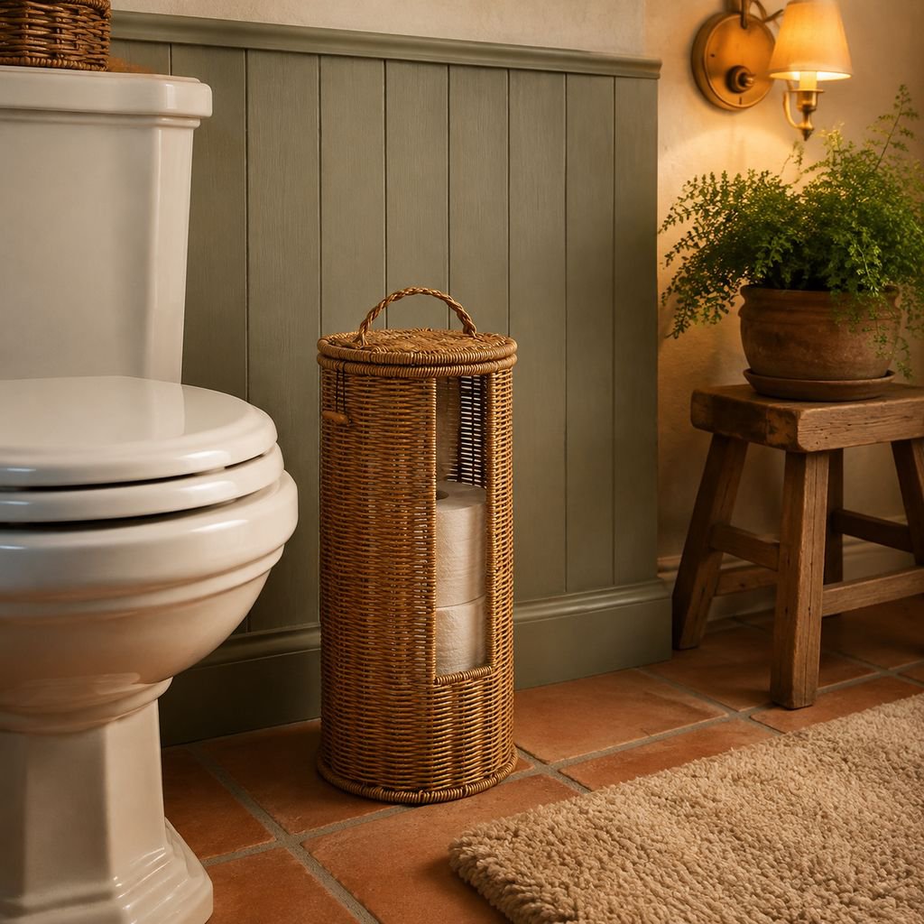 Home & Guesthouse Round Rattan-style Storage Bin with Lid for Toilet Paper and Towels