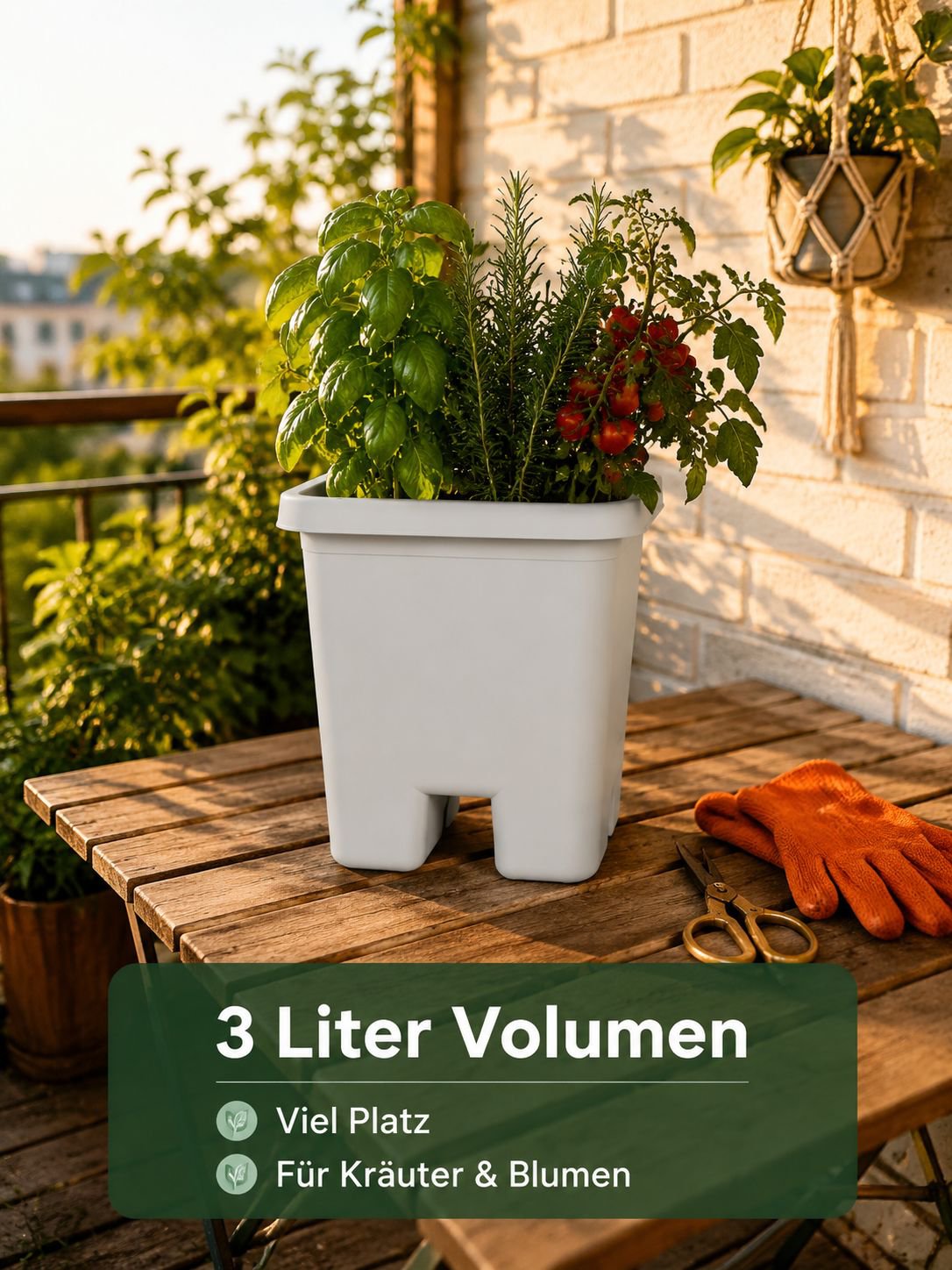 PP-Pflanzkasten für den Balkon, mit Wasserreservoir und Abflusssystem, 3 Liter Volumen