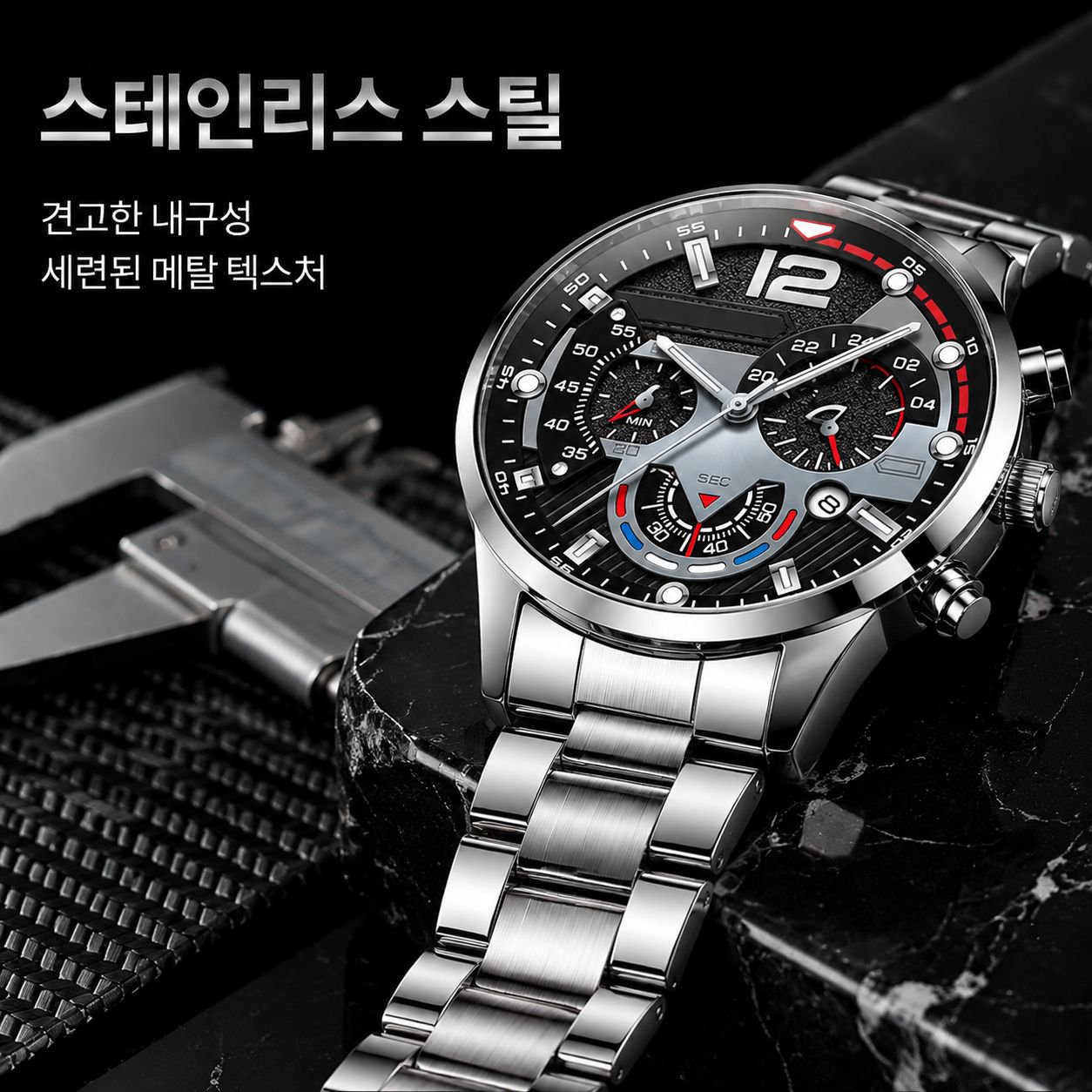 남성용 원형 다이얼, 야광 바늘, 스틸 스트랩, 쿼츠 시계