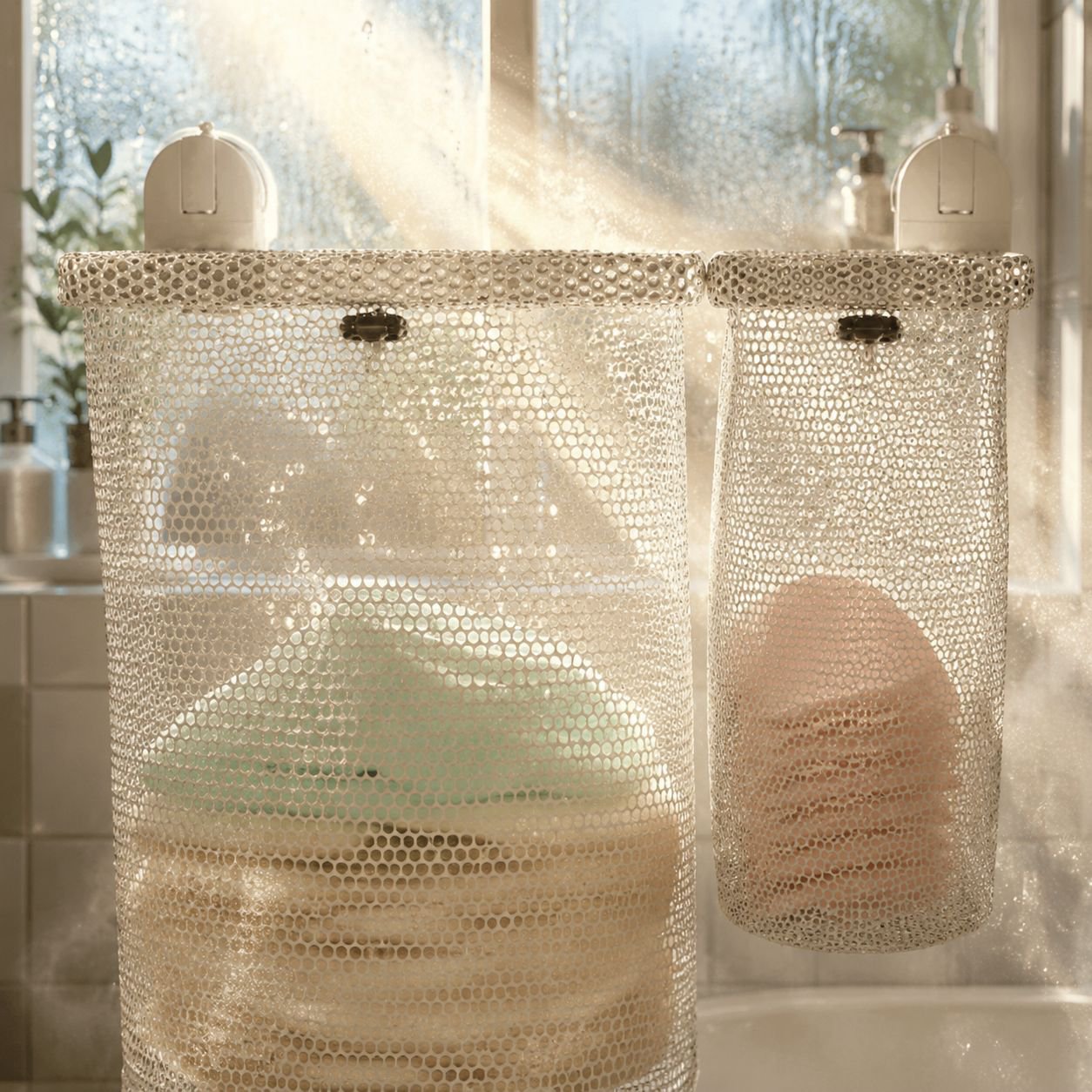 Double suction cup laundry basket, wall-mounted, no-drill, foldable, breathable, suitable for bathro
