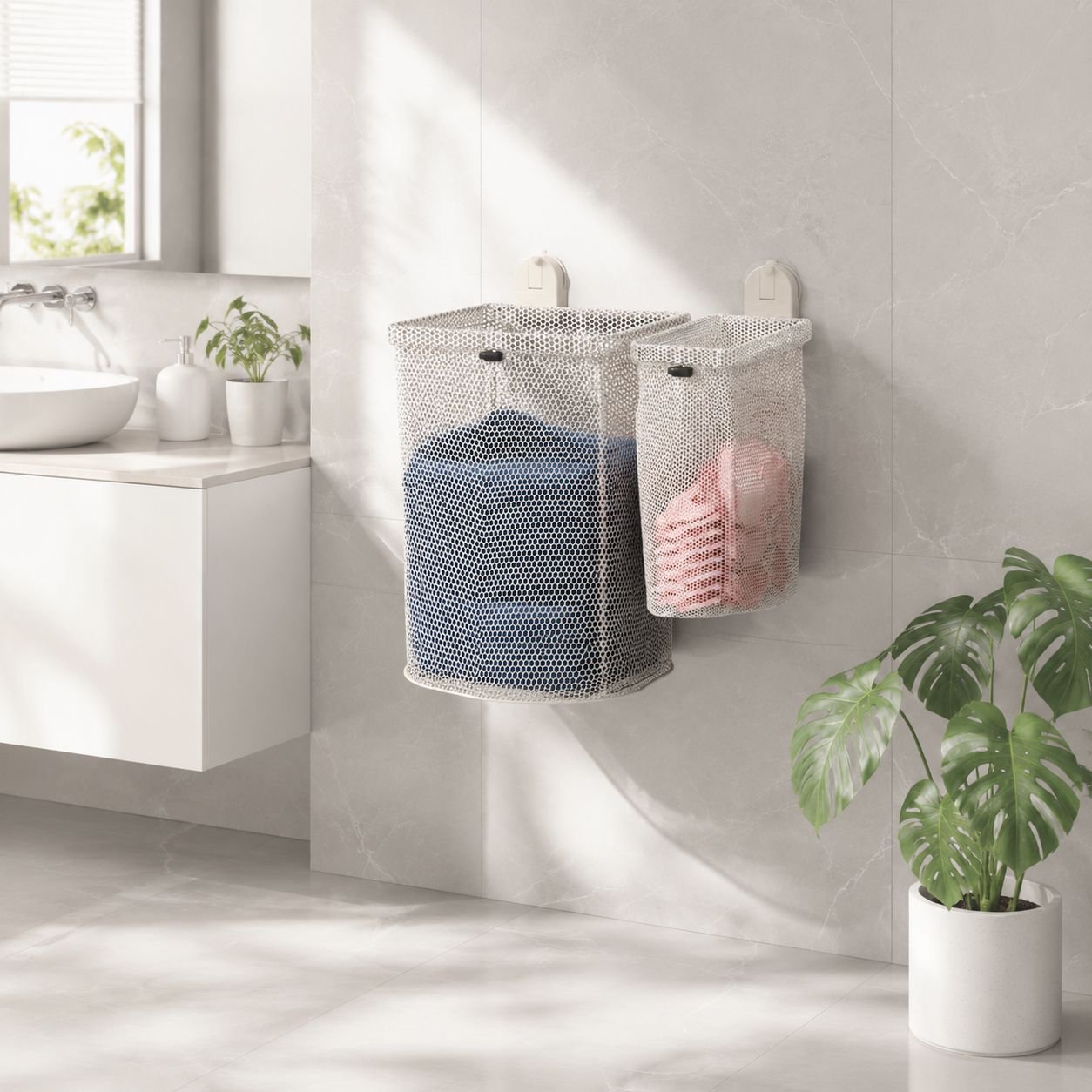 Double suction cup laundry basket, wall-mounted, no-drill, foldable, breathable, suitable for bathro