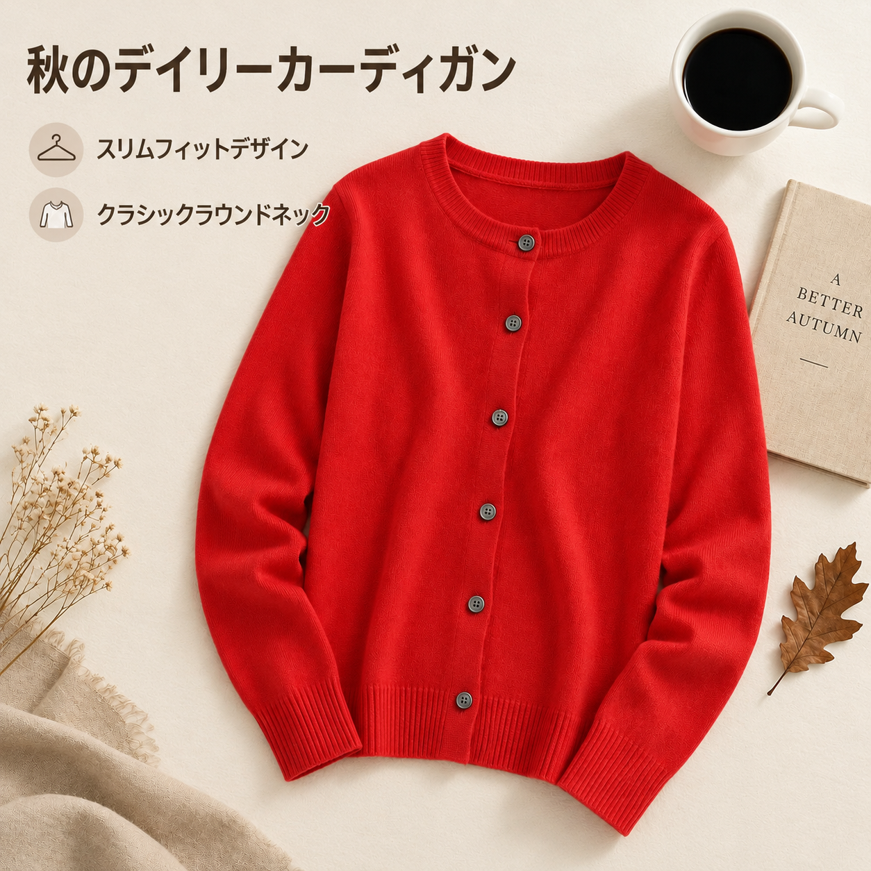 秋の女性用クルーネックニットカーディガン