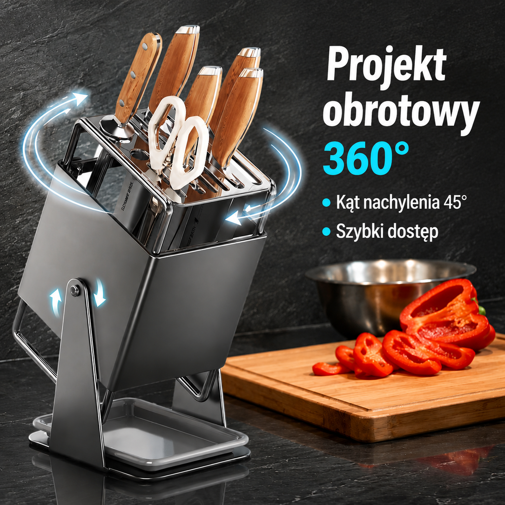 Otwarty, obrotowy stojak na noże do domu
