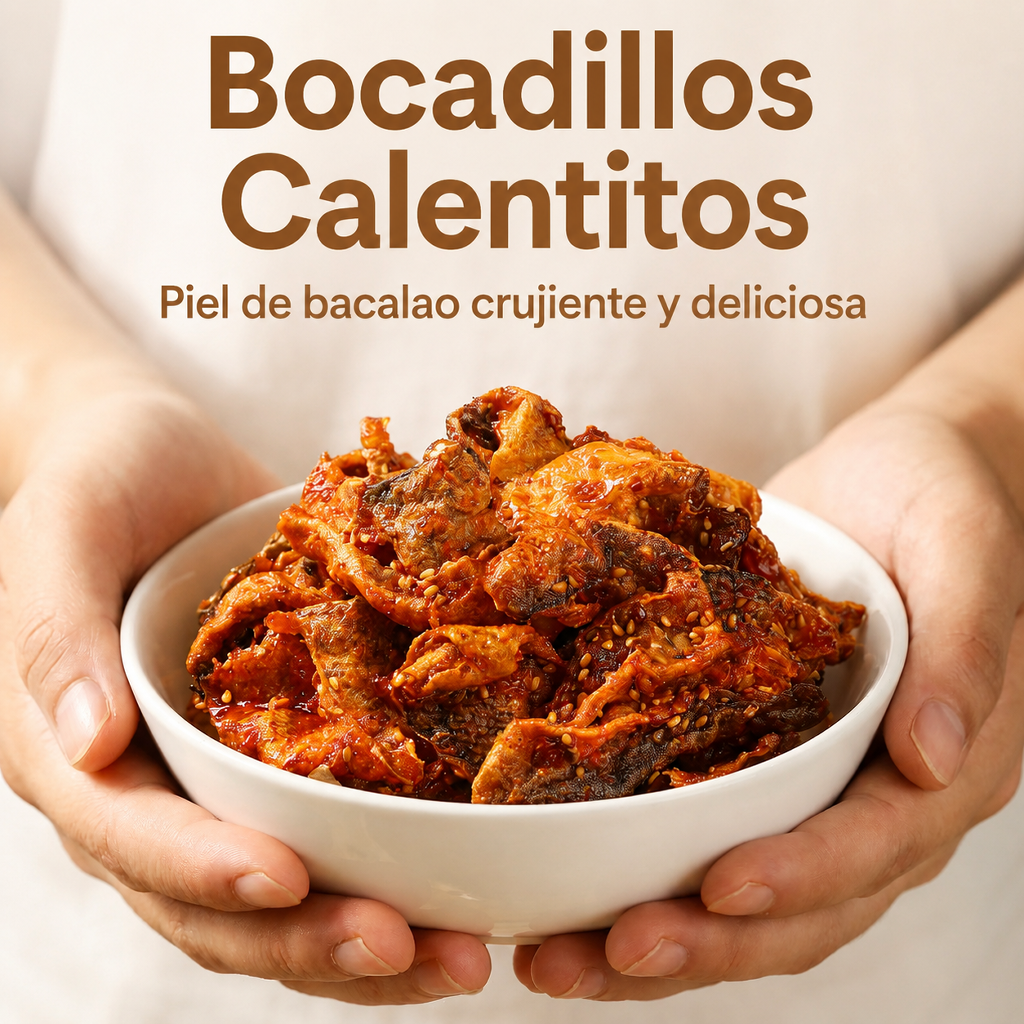 Piel de bacalao crujiente, dulce y picante, glaseada con miel.
