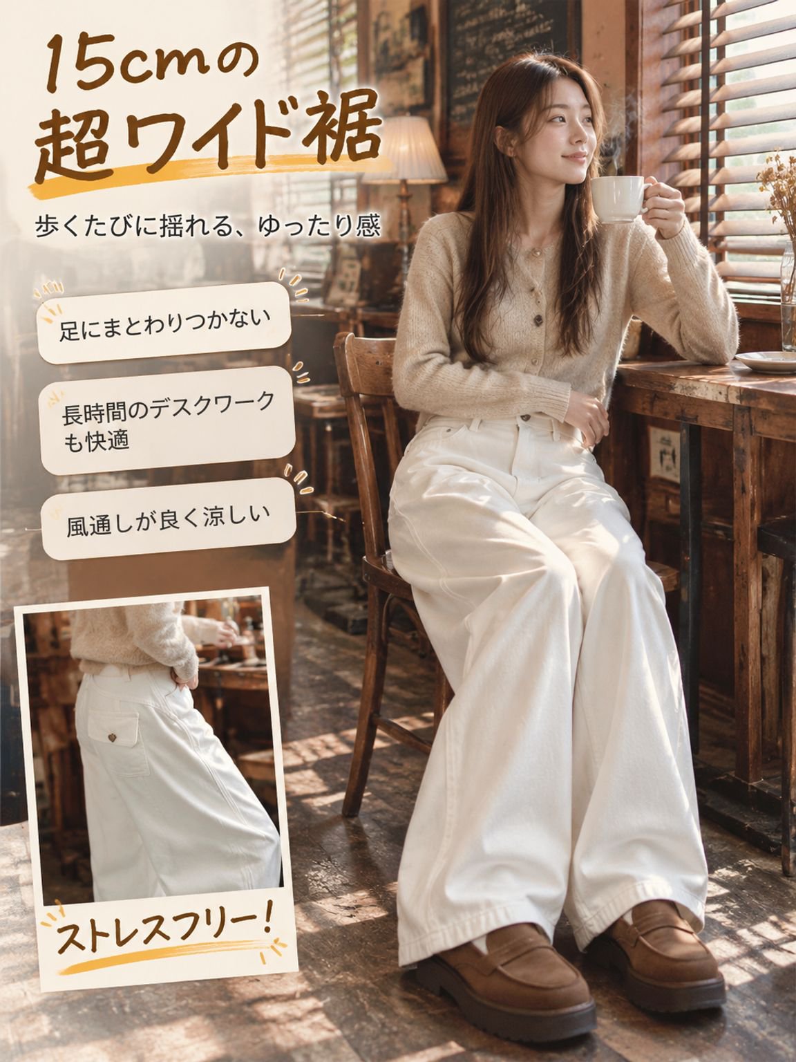 ホワイト カーブカット ワイドレッグジーンズ