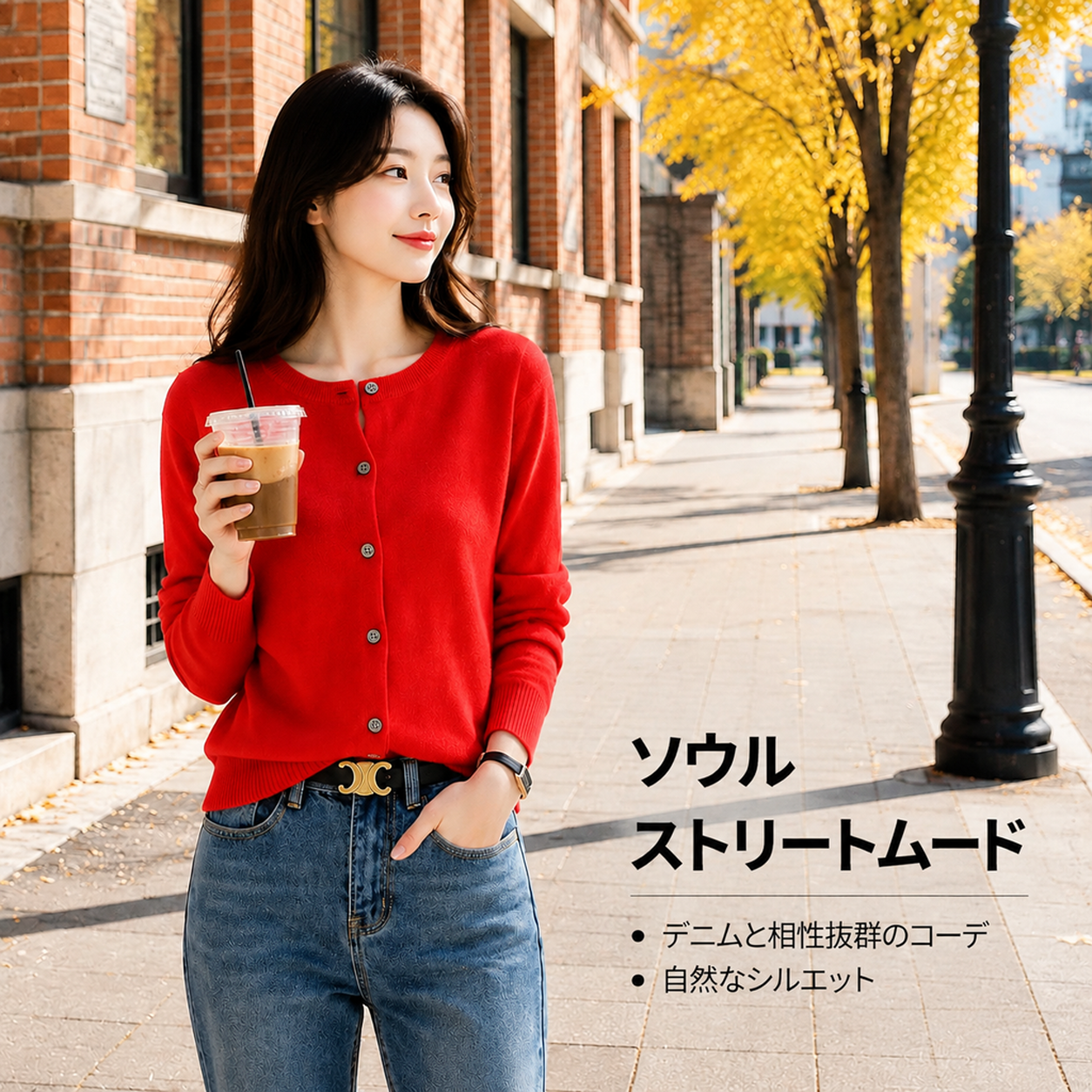 秋の女性用クルーネックニットカーディガン