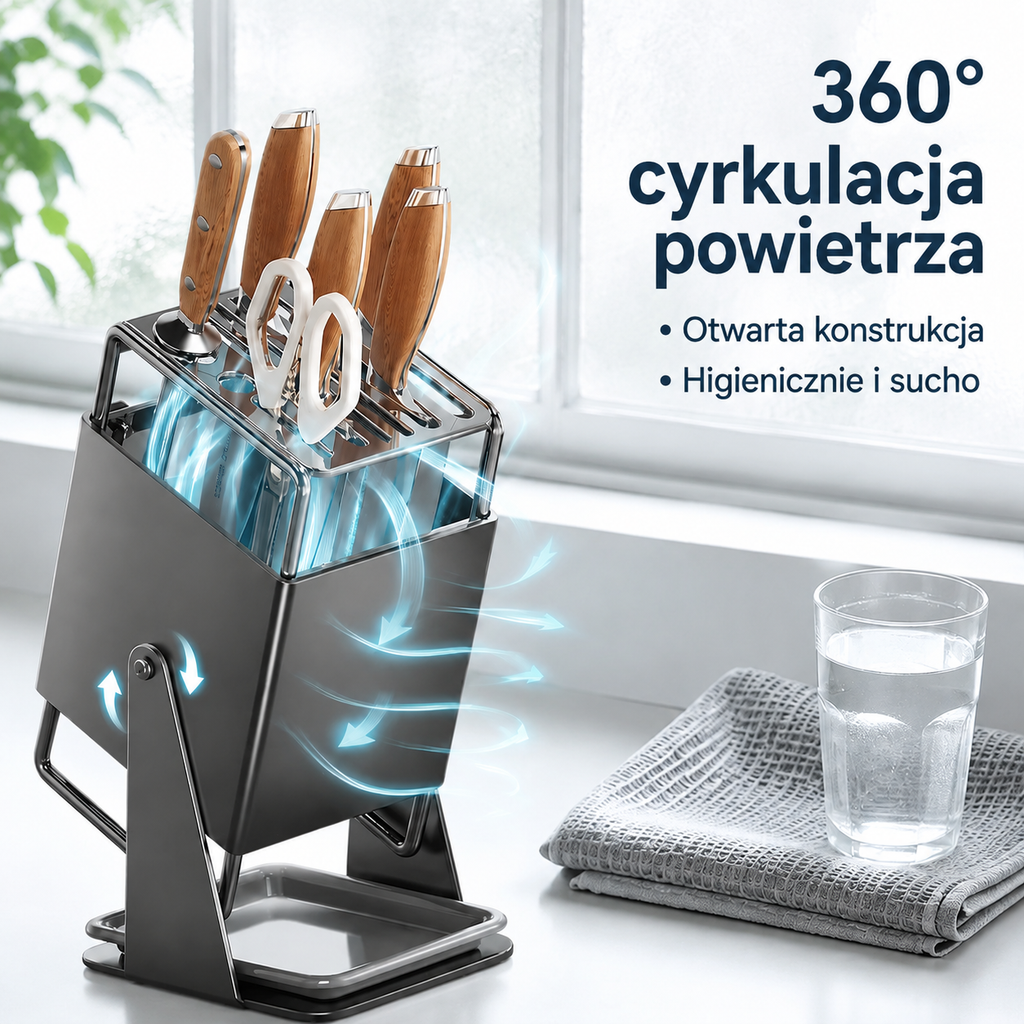 Otwarty, obrotowy stojak na noże do domu