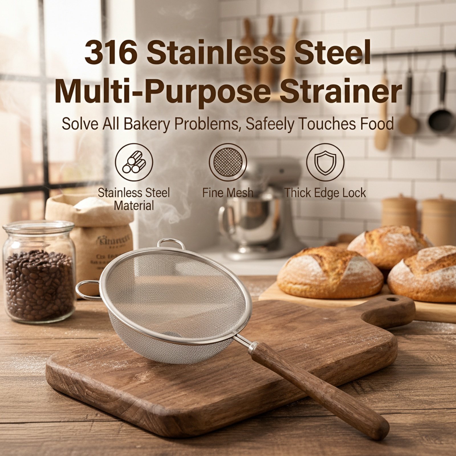 Multipurpose Fine Mesh Strainer, Wooden Handle Flour Sieve, Baking Kitchen Filter