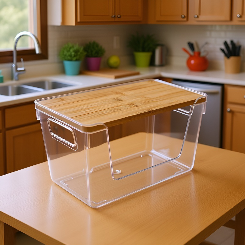  대용량 대나무 뚜껑 PET 다층 투명 수납함