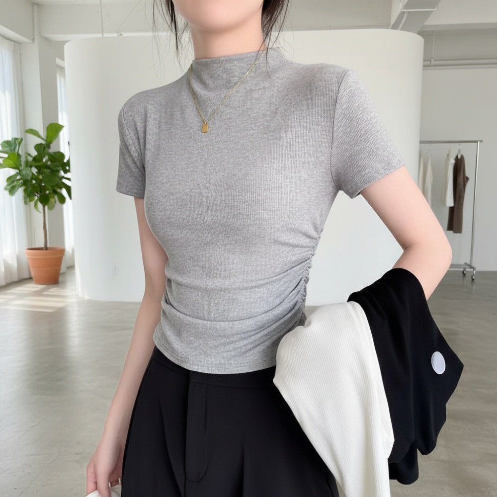 쇼트 이너 슬림 반폴라 학생 이너 주름 반팔 티셔츠 여자 이너 반폴라 슬림 반팔 셔츠