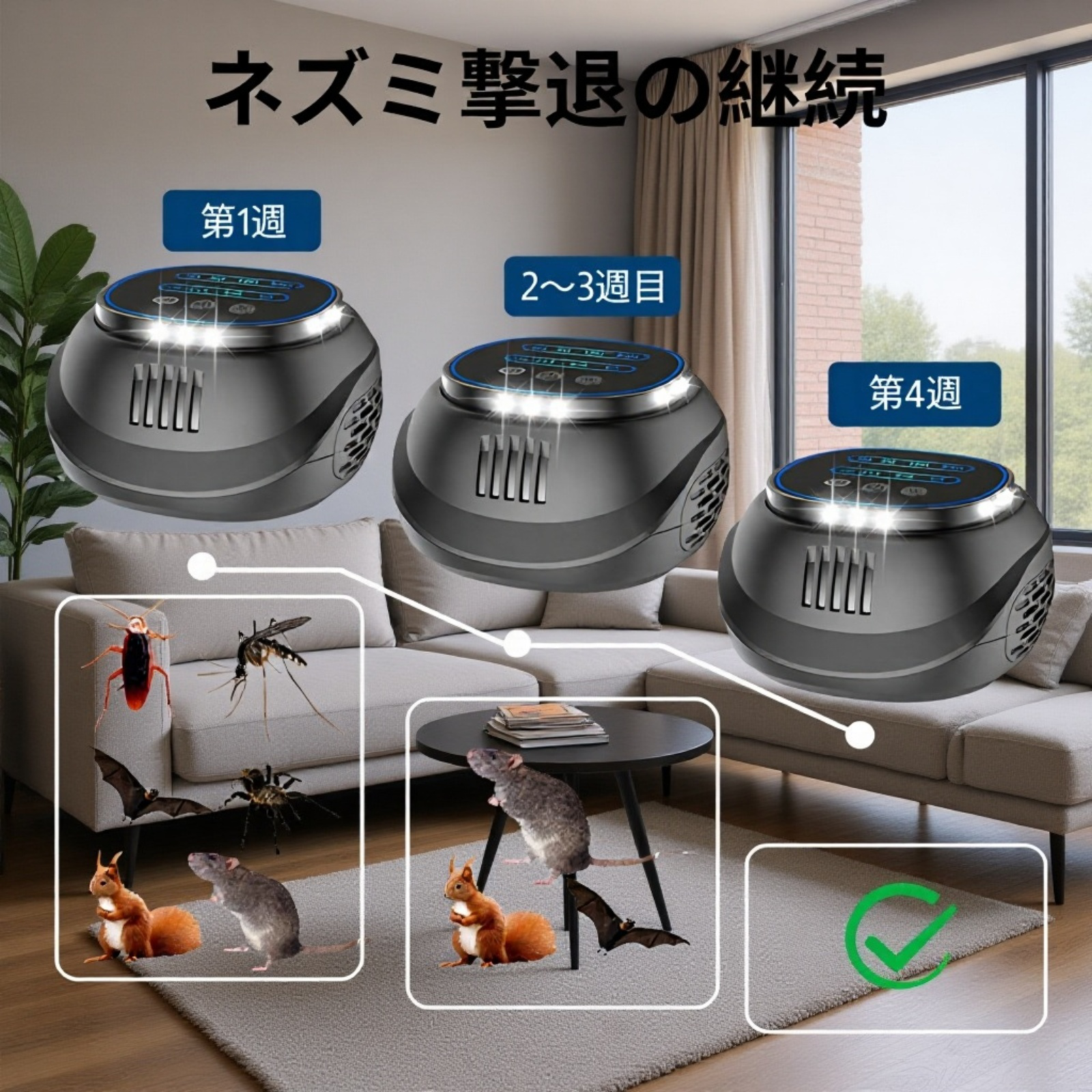 超音波動物撃退器・高出力四方向フラッシュライト付き