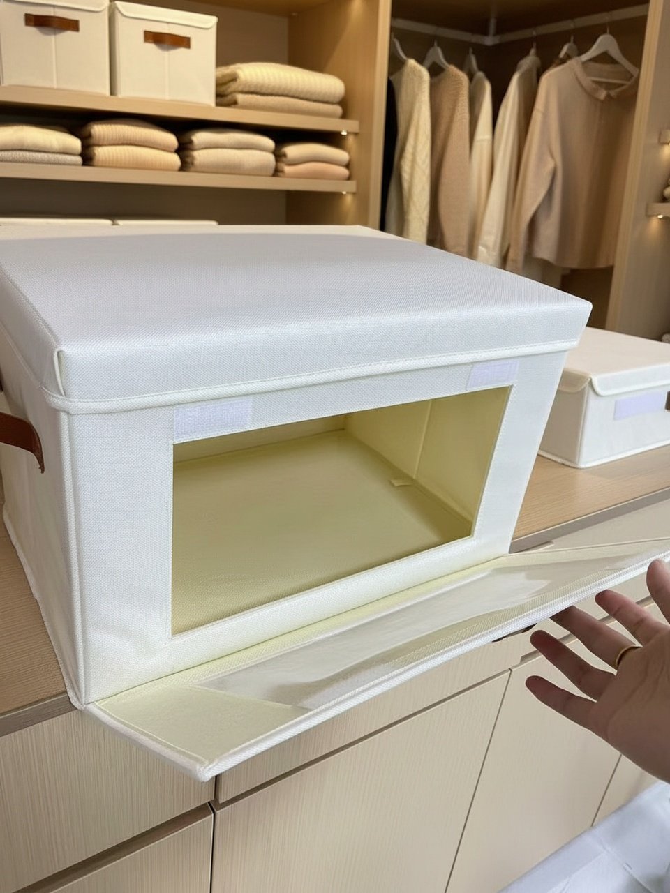 Transparent side window on storage box for easy viewing