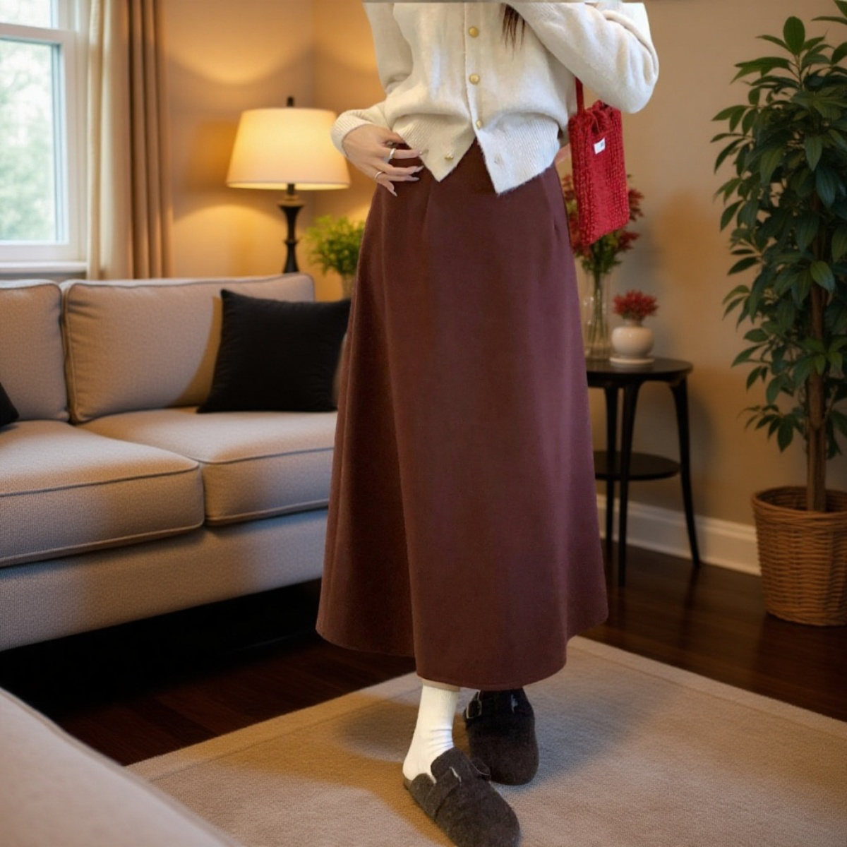 겨울 블랙 드롭 레귤러 미디 스커트 컬러 기모 미디 스커트