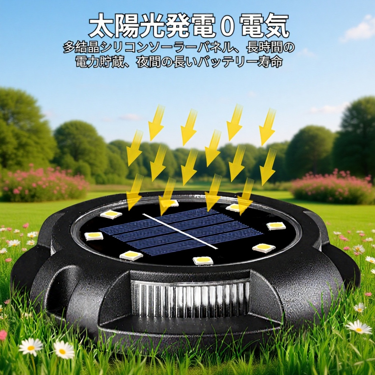 芝生に映えるソーラーLED地面ライト