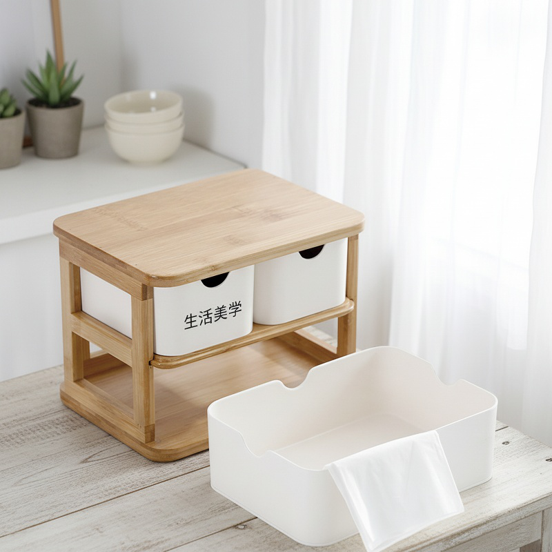 Eco-friendly bamboo desktop organizer with multi-layer drawers