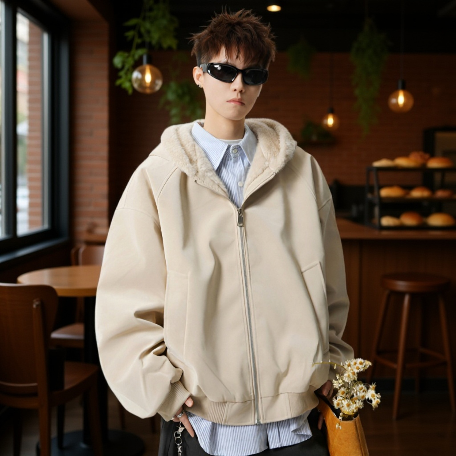 冬季メンズ裏起毛PUレザーパーカー 厚手保温カジュアルコート