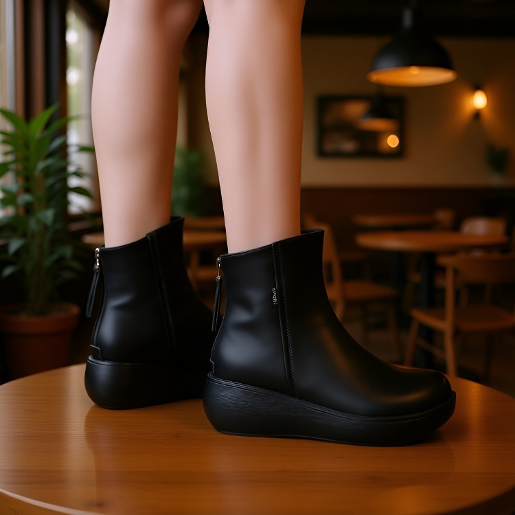 클래식 뒤 지퍼 레더 앵클