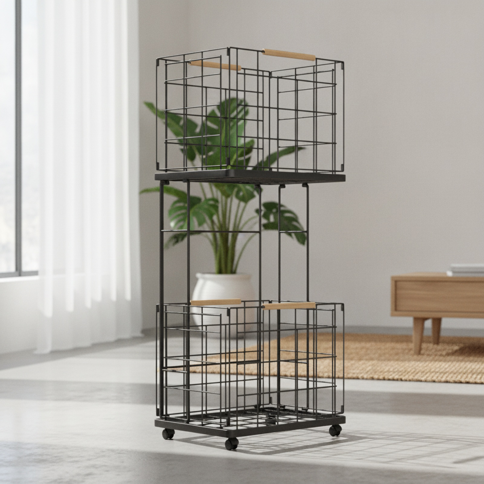 Nordic style double-layer removable laundry basket in modern bedroom