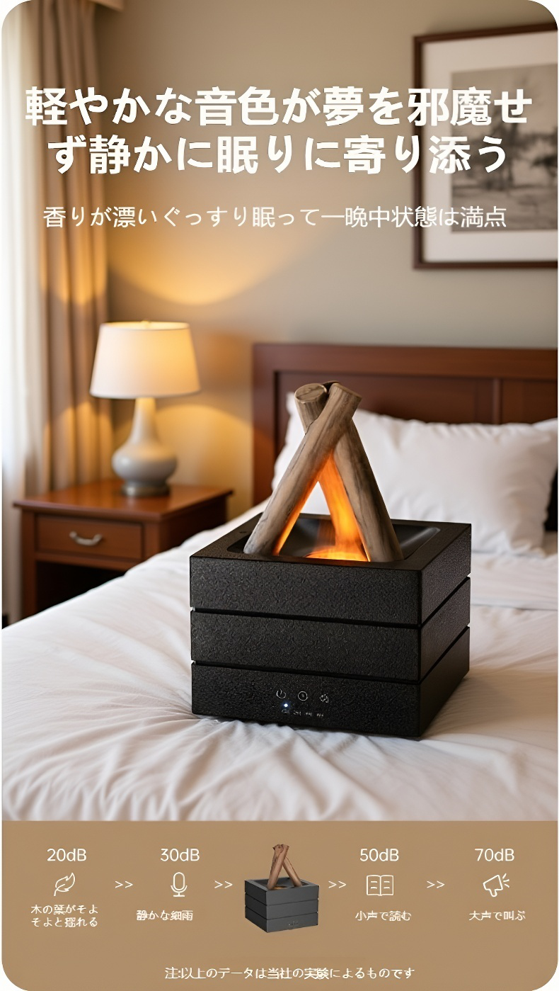 オフィスデスクに置いた炎ランプ付き加湿器