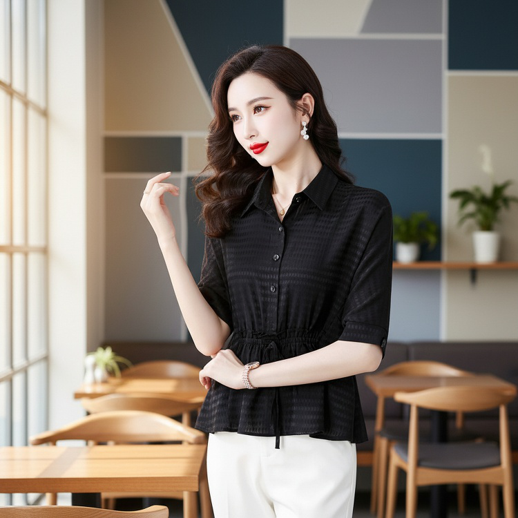 디자인 5부 소매 실크 셔츠 여름 상의 여 루즈핏 여성 캐주얼 얇은 티셔츠 돌넥 조거 실크 셔츠
