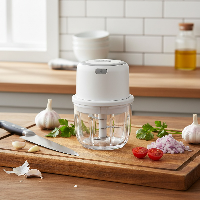 Mini cordless electric garlic grinder on kitchen counter