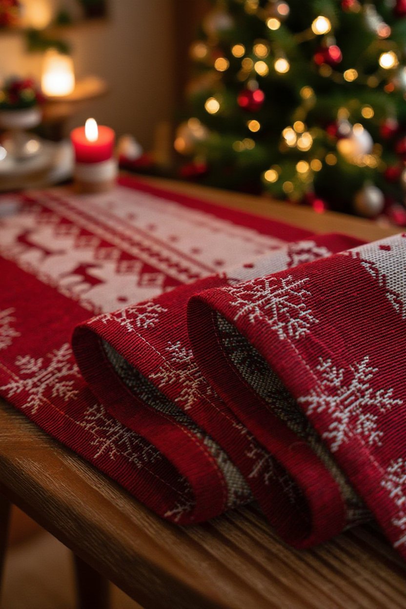 テーブルセッティング例と赤いジャカードのテーブル旗