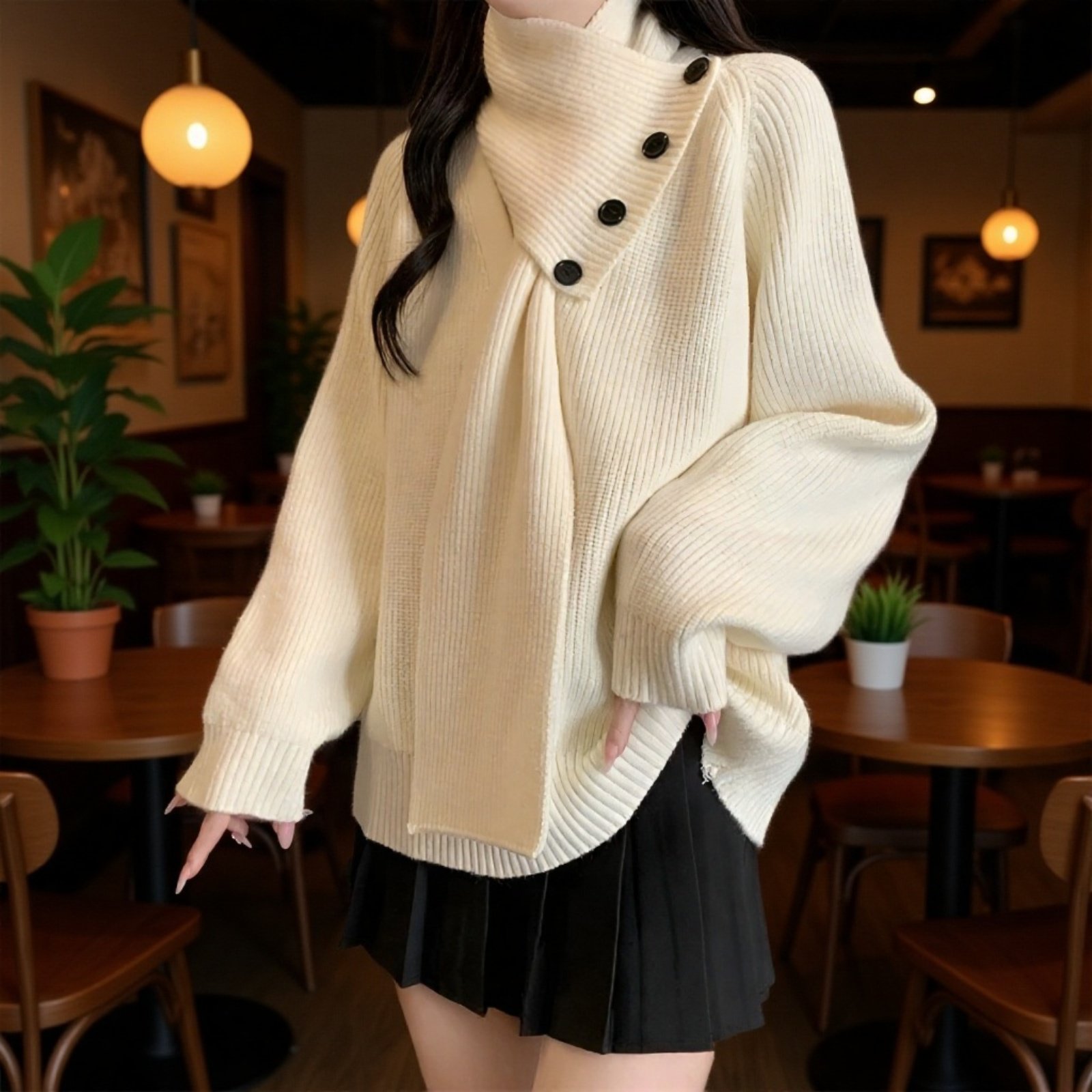 取り外し可能なスカーフデザインVネックレディースニット 秋冬新作