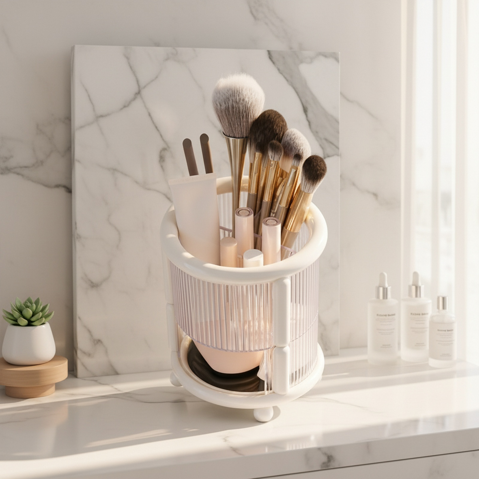 Compact powder and makeup brush holder