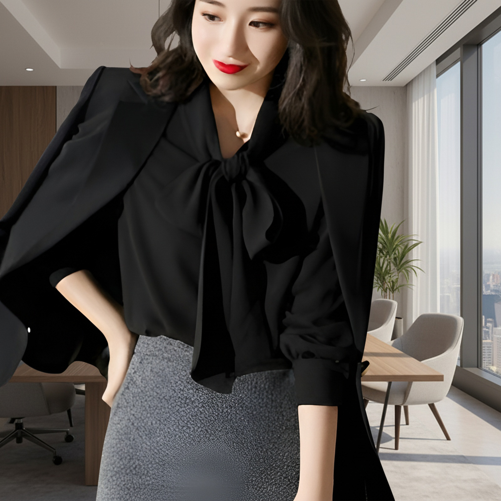 シフォンブラウス（蝶ネクタイ付き）、レディース