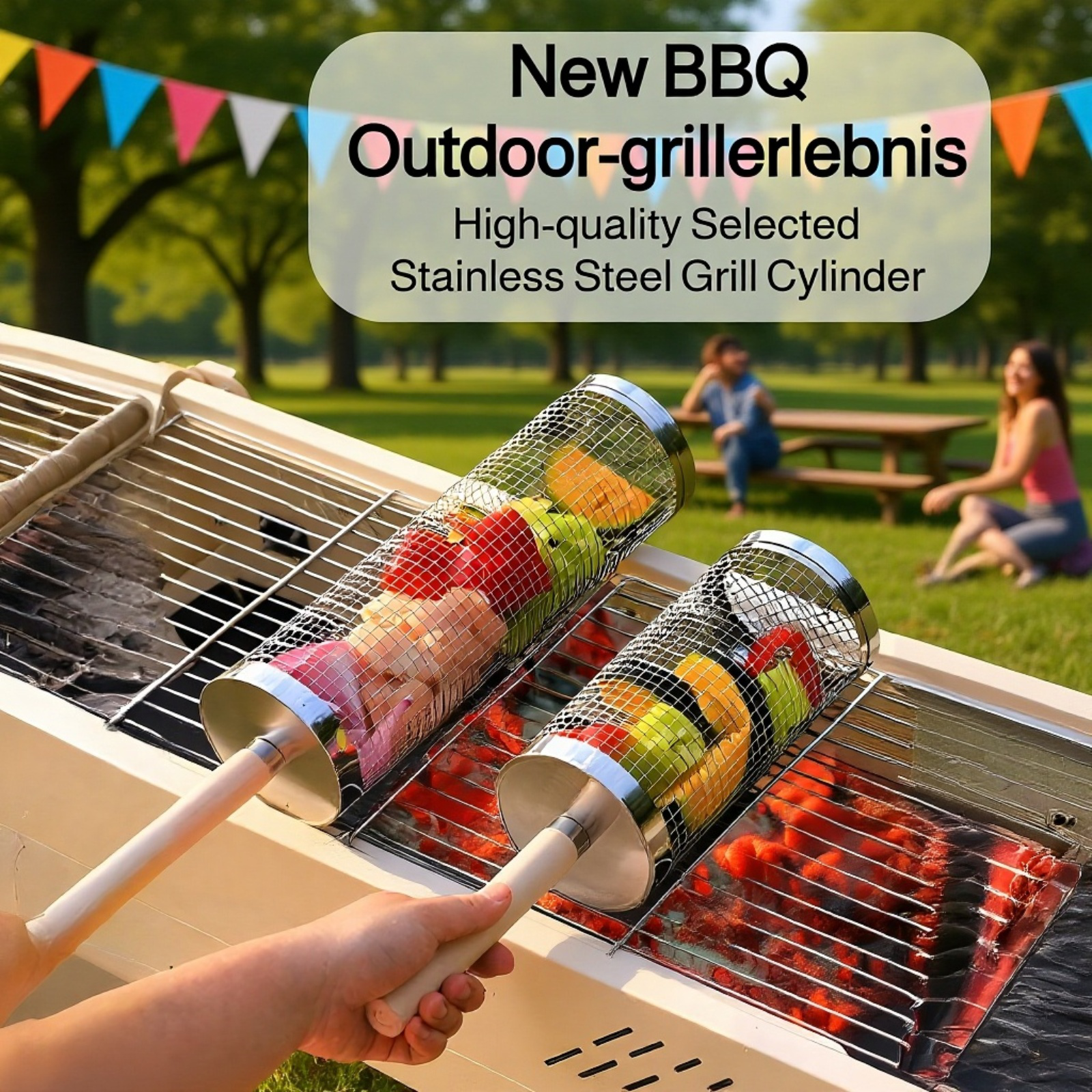 Portable Outdoor BBQ Basket, Rotating Cylinder BBQ Grill, Upgraded Wooden Handle Design