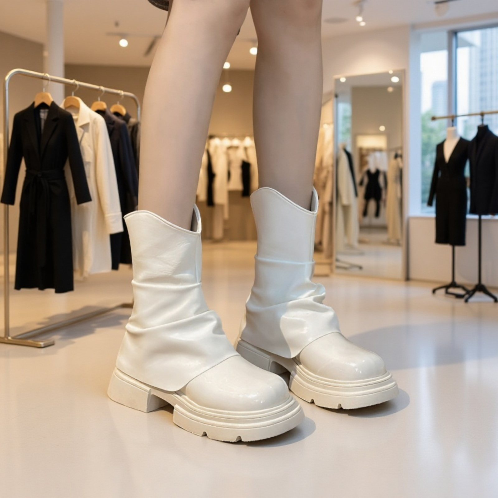 丸いつま先デザインの女性用ブーツ