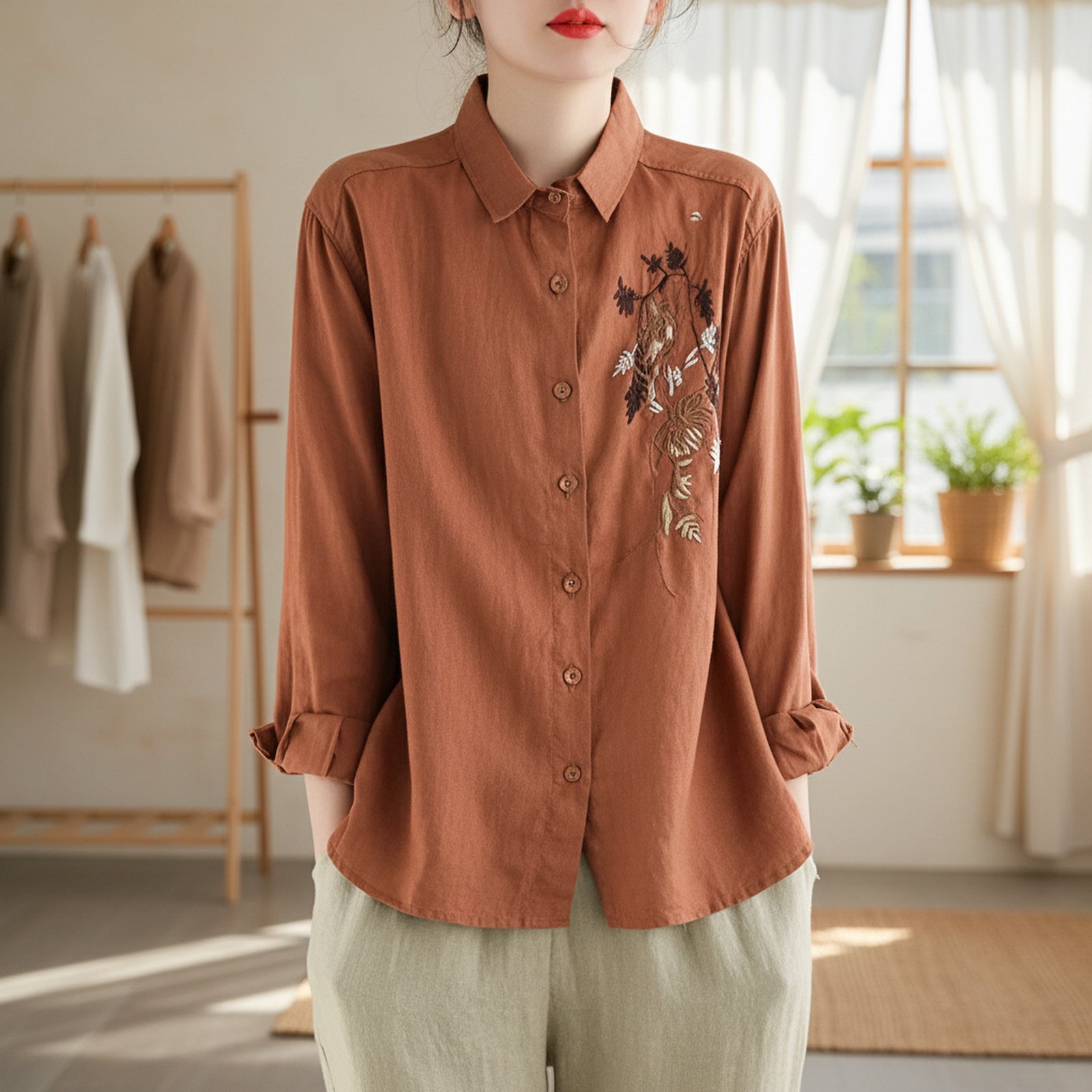 カジュアル刺繍入り長袖綿麻シャツ